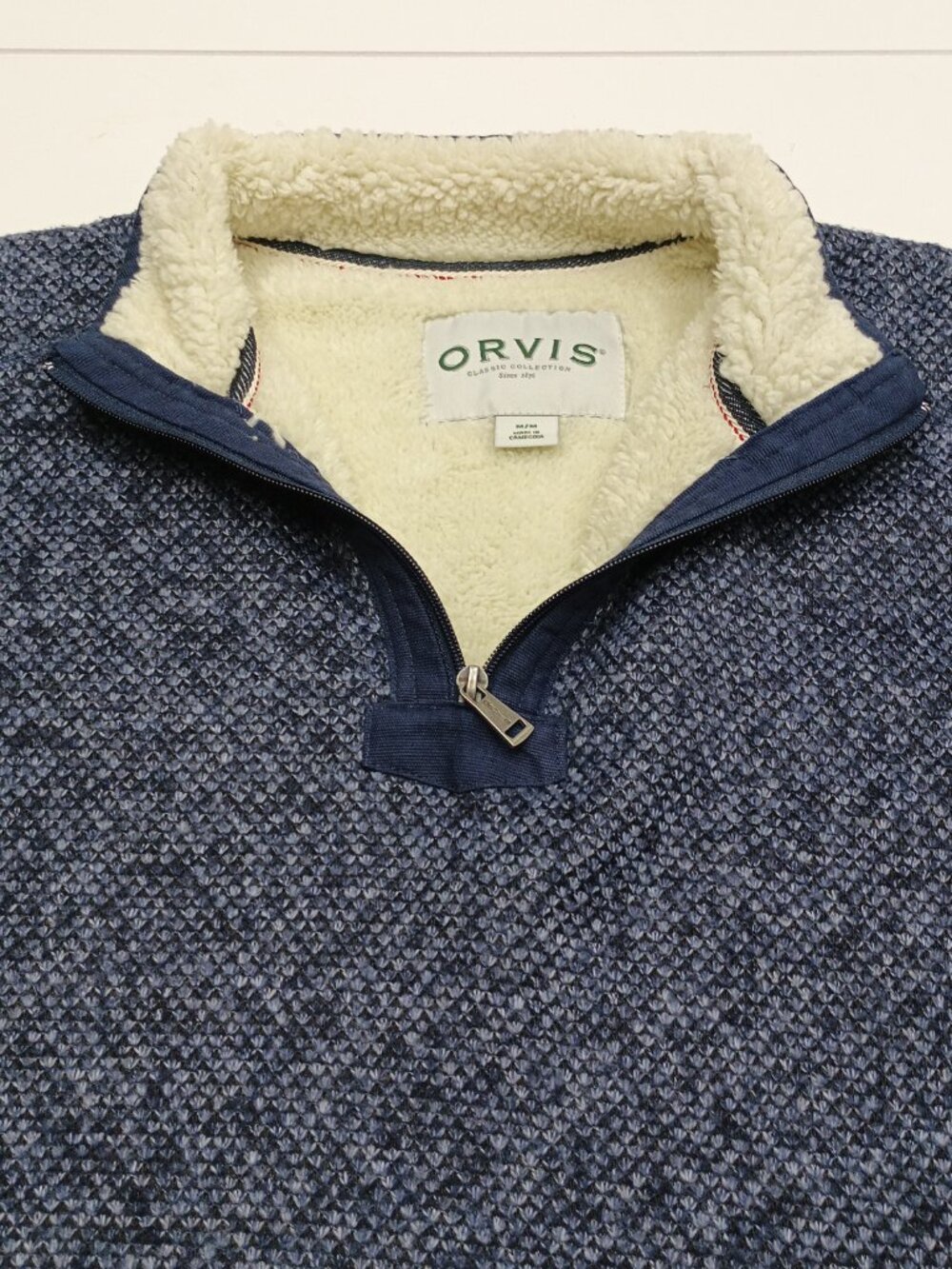 Orvis Classic Collection Sherpa Lined Quarter Zip Sweater Pullover Navy Blue Men